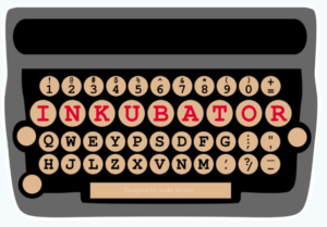 Typewriter logo, with the letters for "Inkubator" in red in a single line of keys.